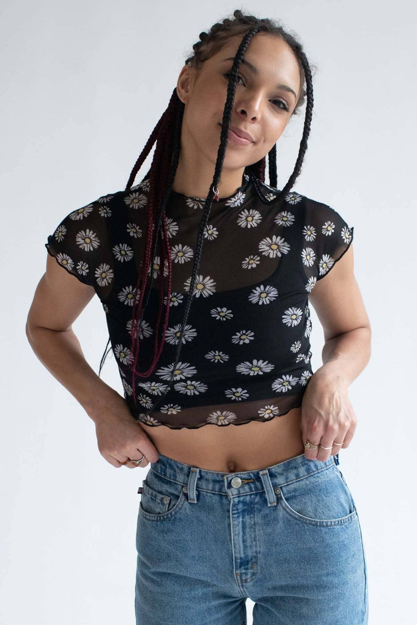 Black Daisy Mesh Tee