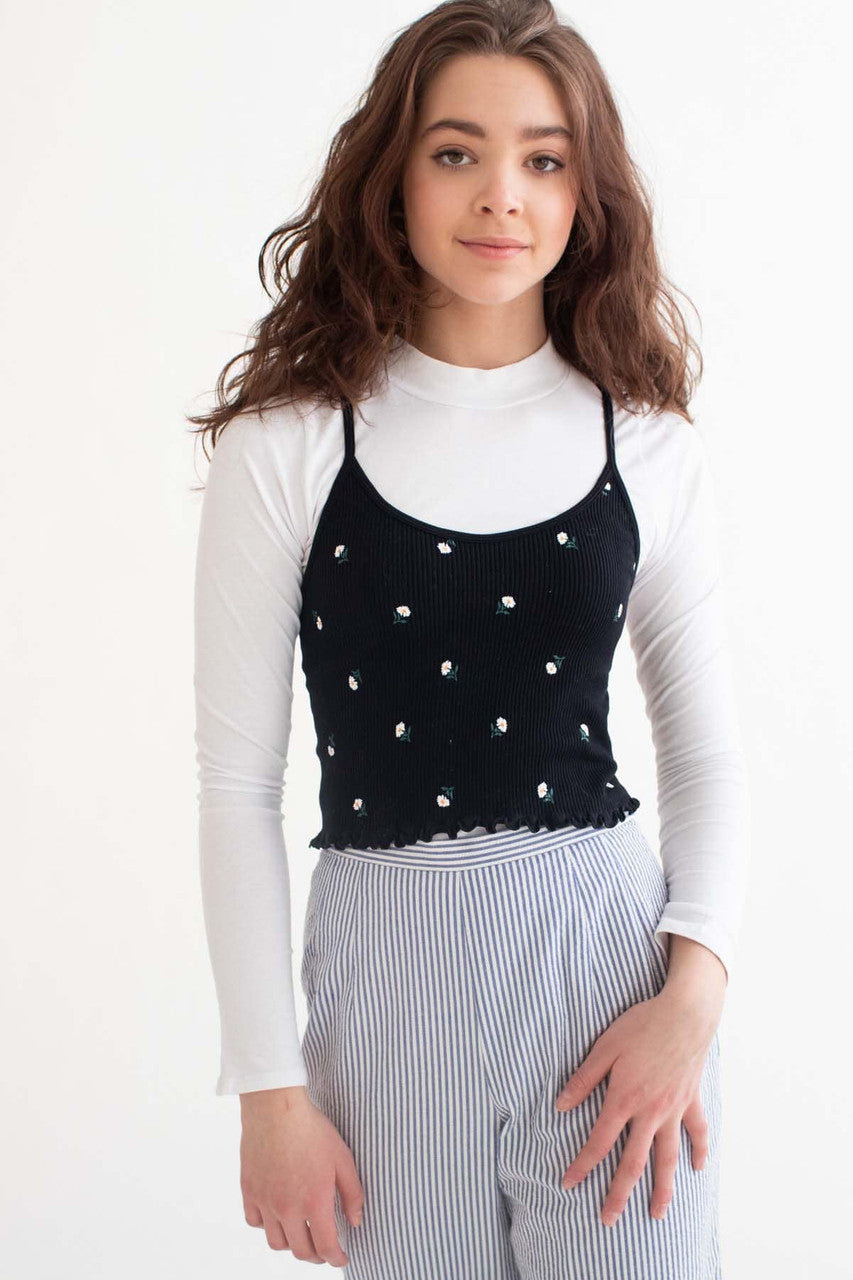 Black Daisy Print Seamless Cropped Cami