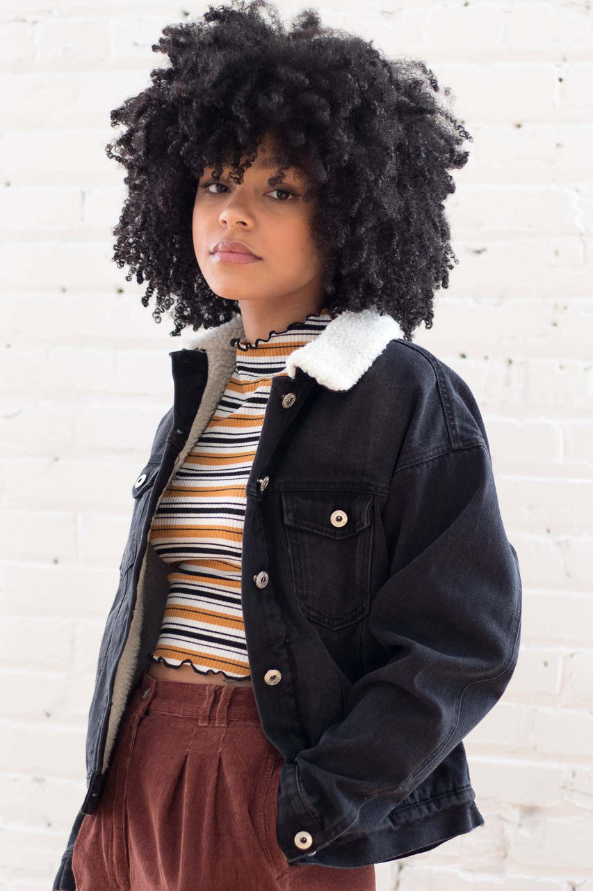 Black Denim Sherpa Lined Jacket