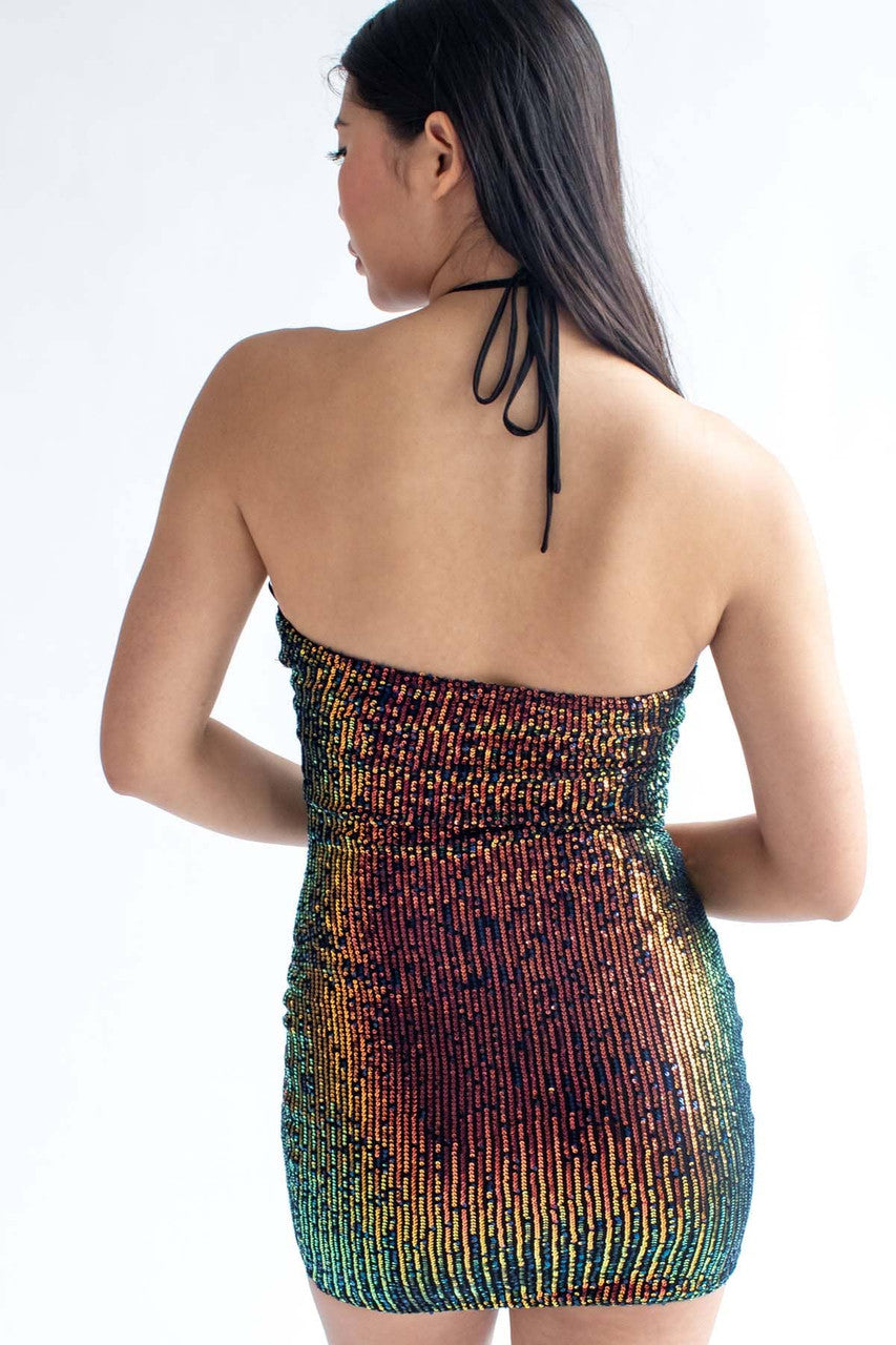 Black Disco Sequin Halter Mini Dress