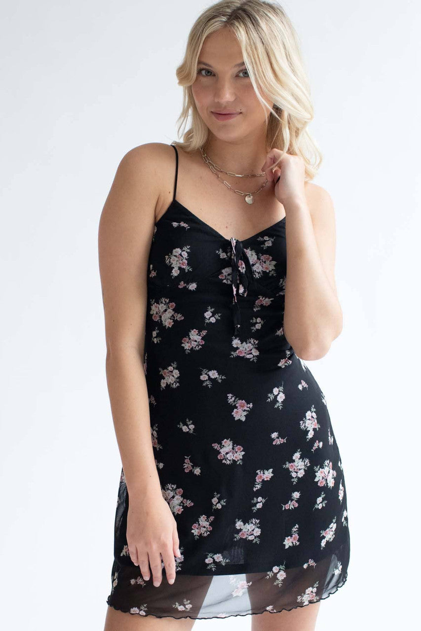 Black Ditsy Floral Mesh Tie Bust Dress