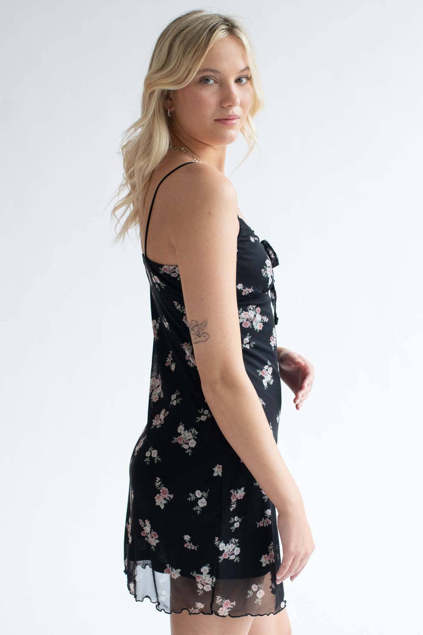 Black Ditsy Floral Mesh Tie Bust Dress