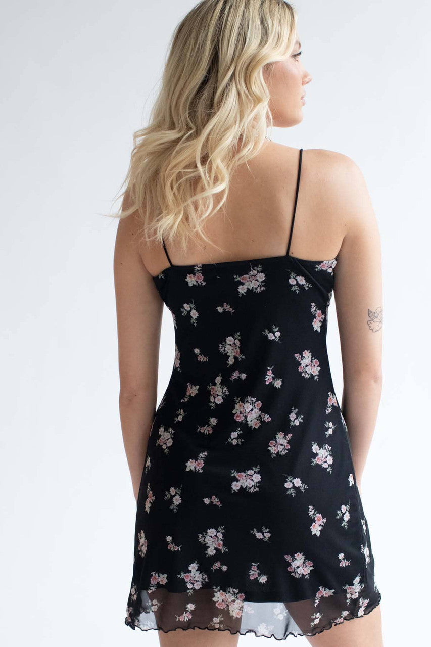Black Ditsy Floral Mesh Tie Bust Dress