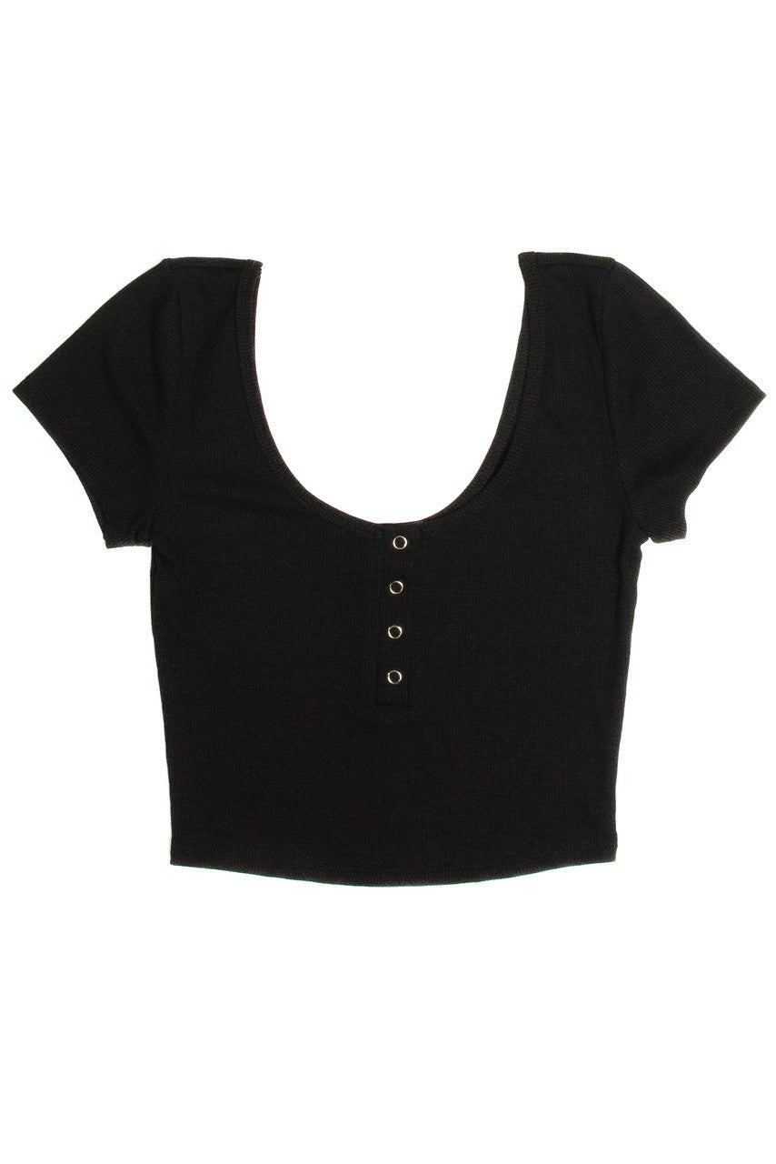 Black Double Scoop Henley Crop Tee