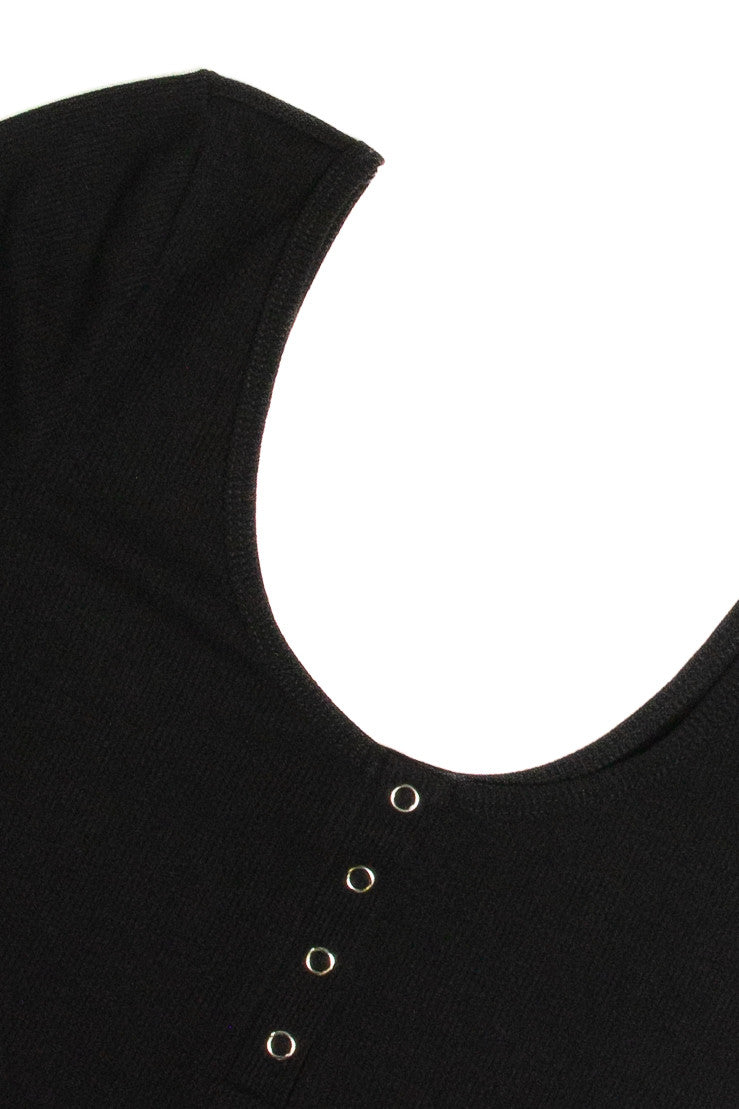 Black Double Scoop Henley Crop Tee
