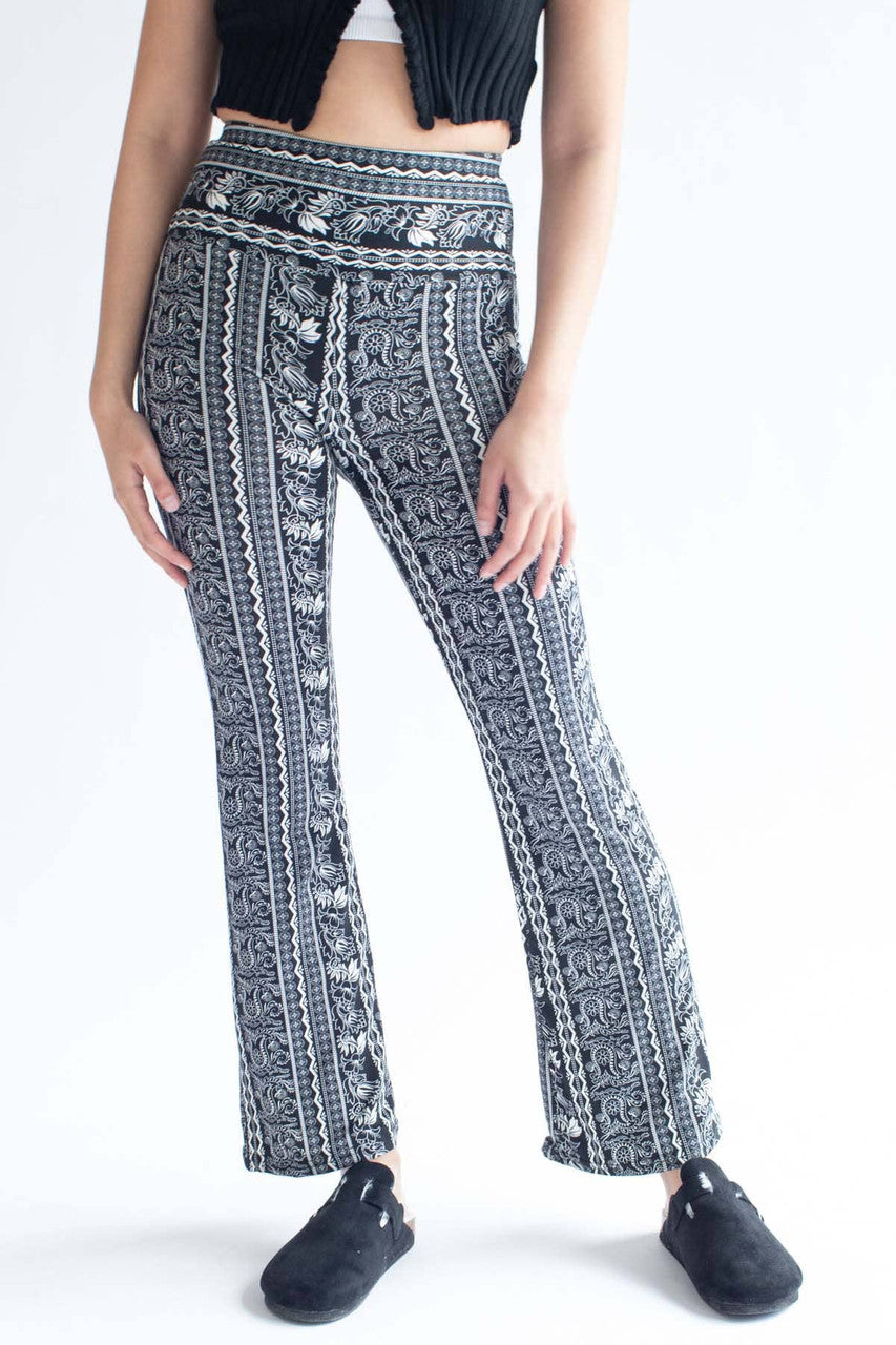 Black Floral Border Print Bell Bottoms