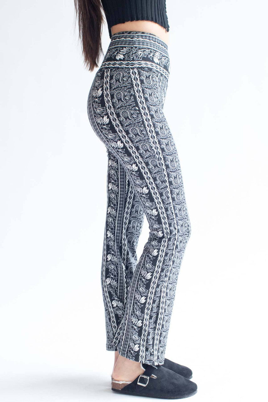 Black Floral Border Print Bell Bottoms