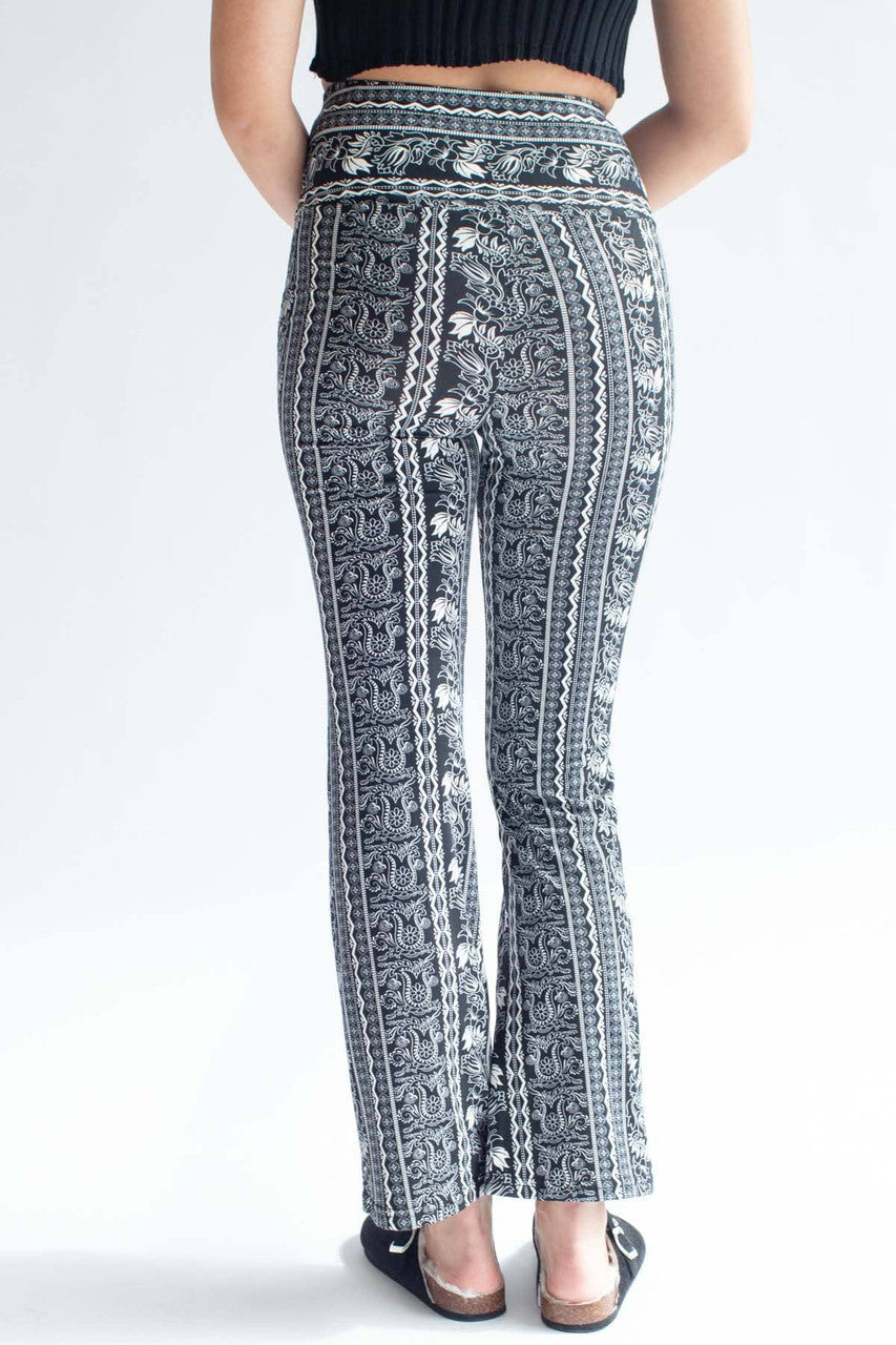 Black Floral Border Print Bell Bottoms