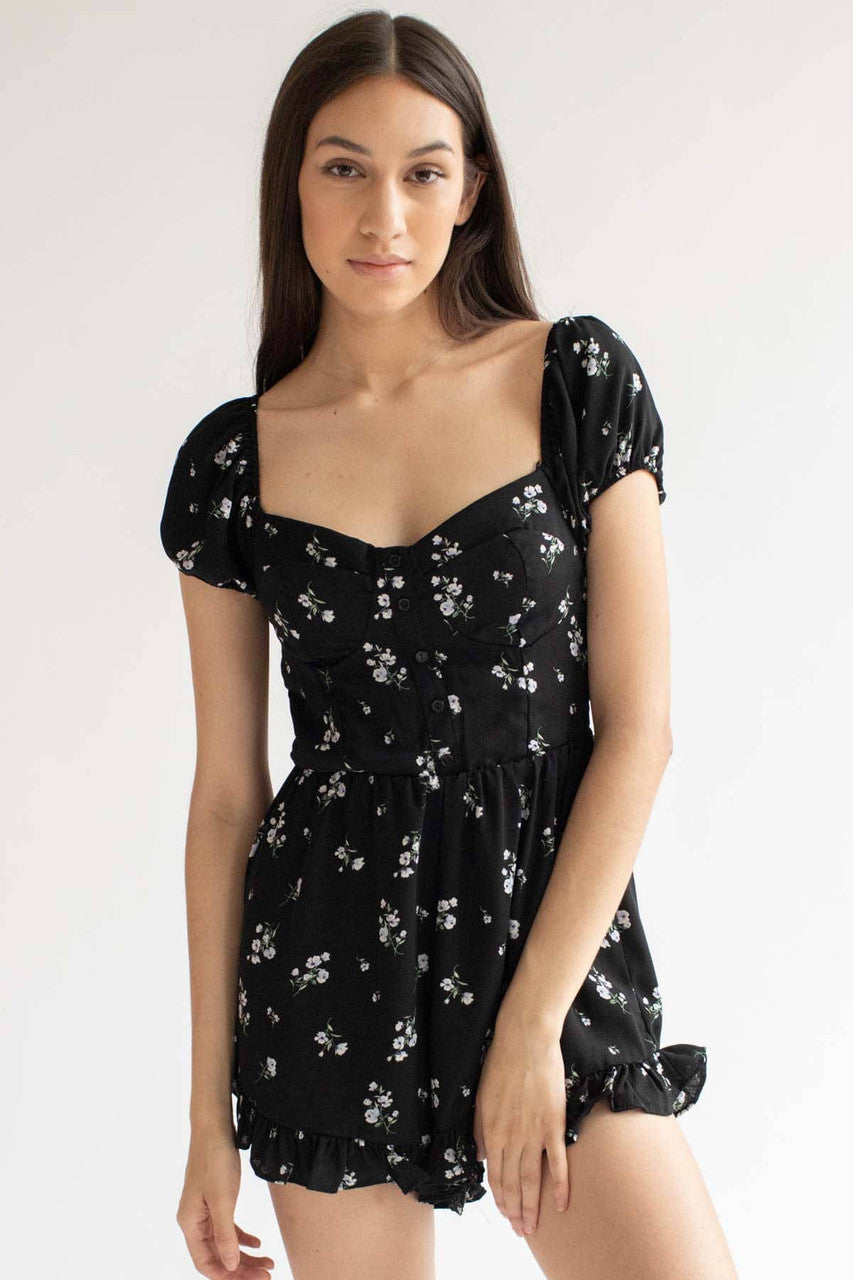 Black Floral Ruffle Hem Romper