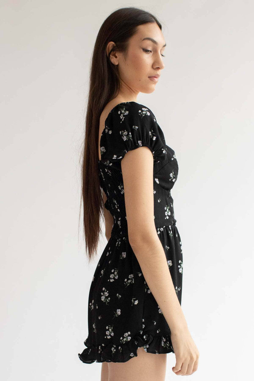 Black Floral Ruffle Hem Romper