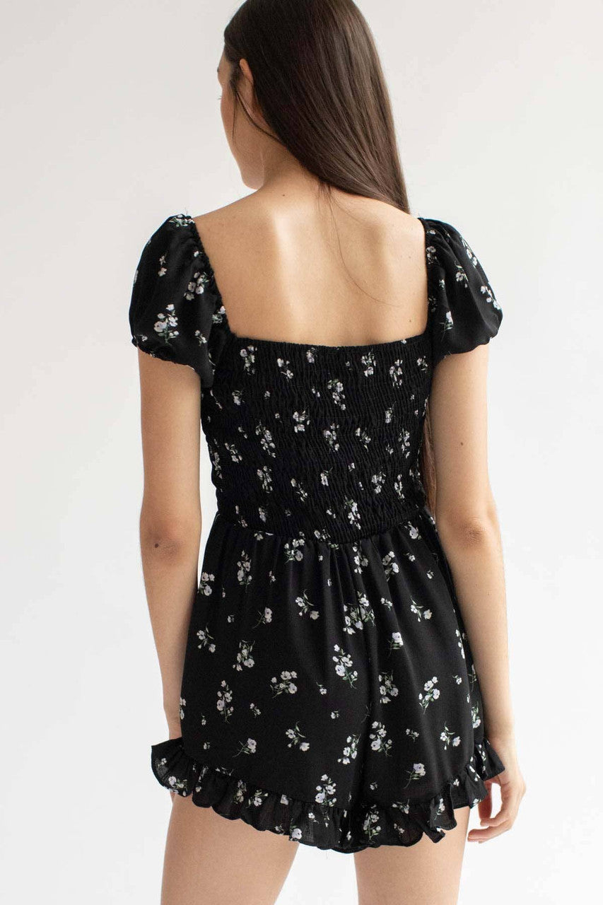 Black Floral Ruffle Hem Romper