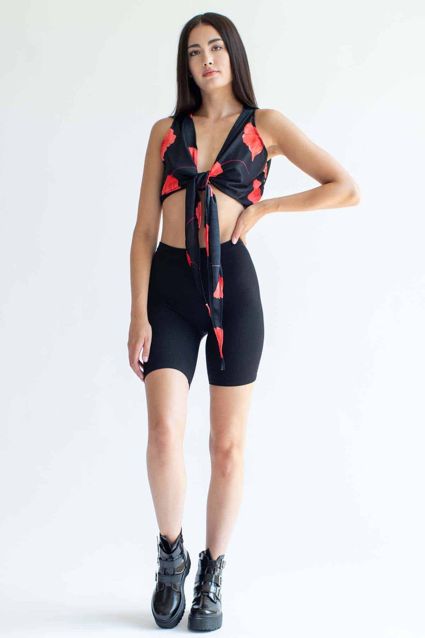 Black Floral Tie Front Crop Top