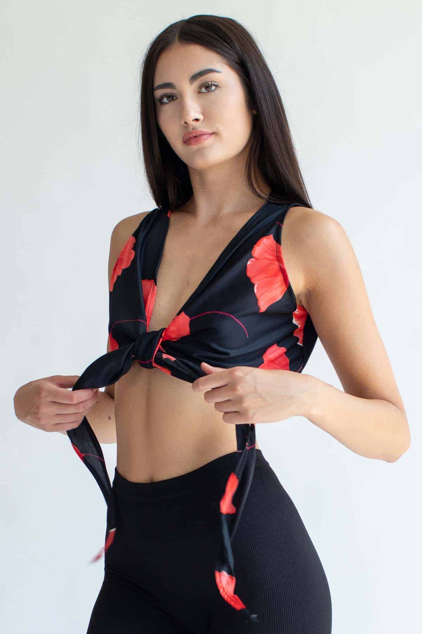 Black Floral Tie Front Crop Top