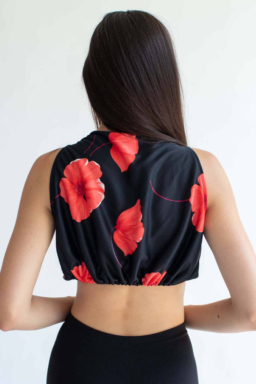 Black Floral Tie Front Crop Top