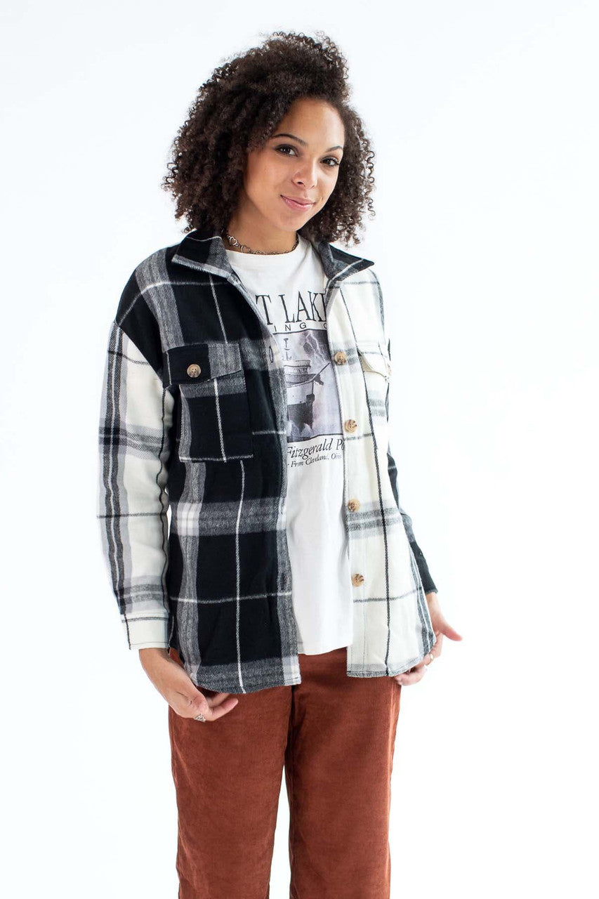 Black & White Spliced Plaid Shacket