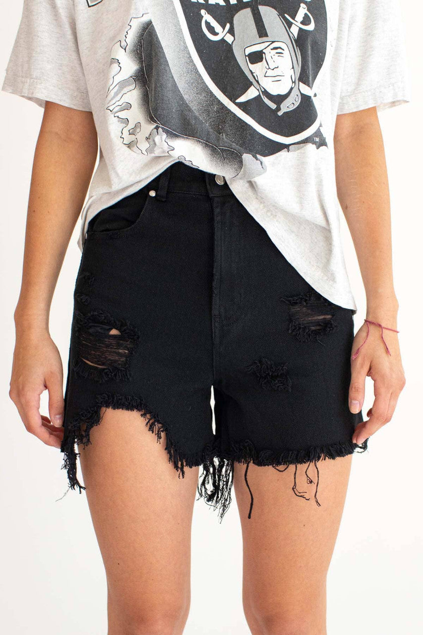 Black High Rise Cut Off Denim Shorts