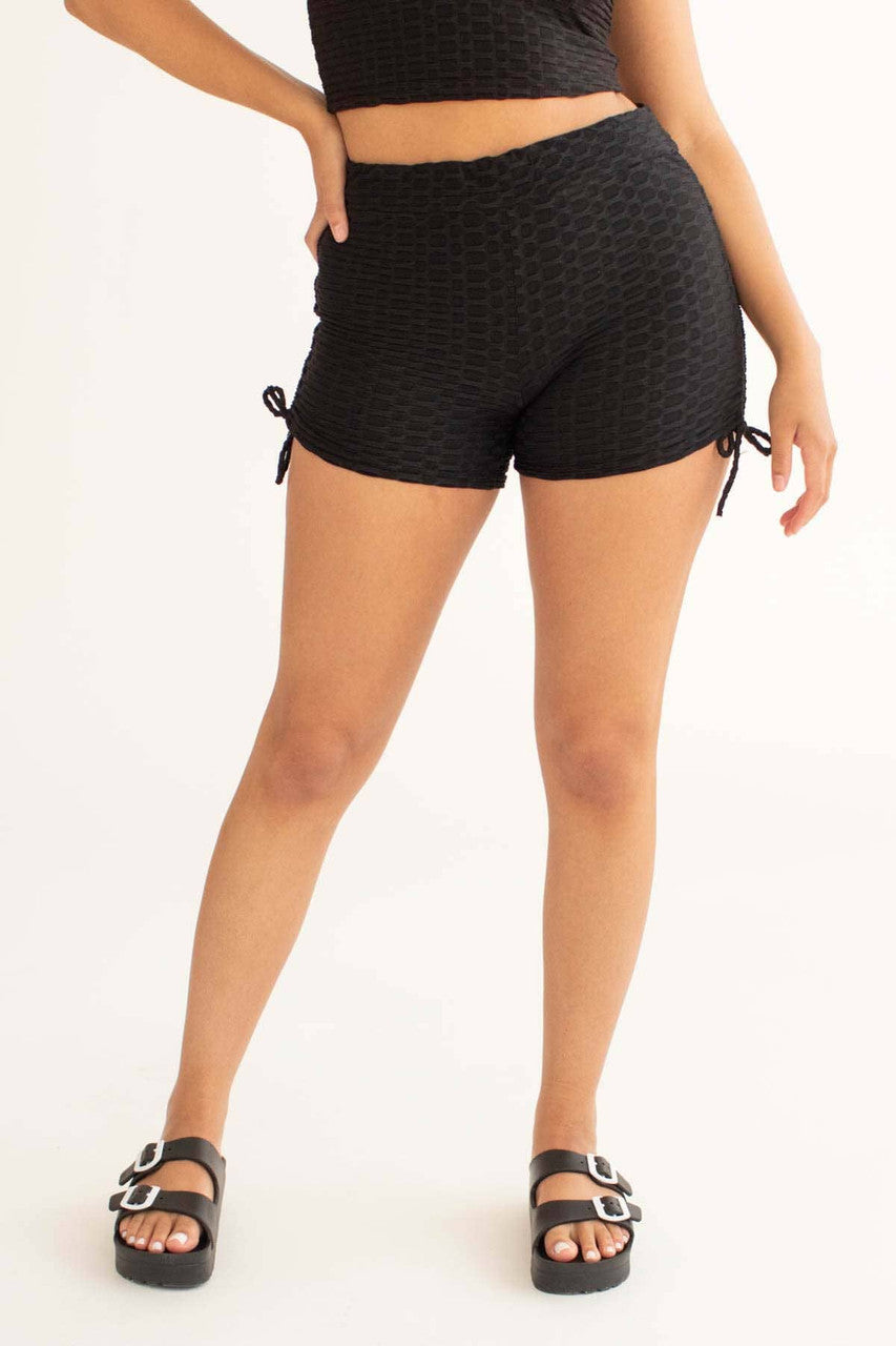 Black Honeycomb Ruched Shorts