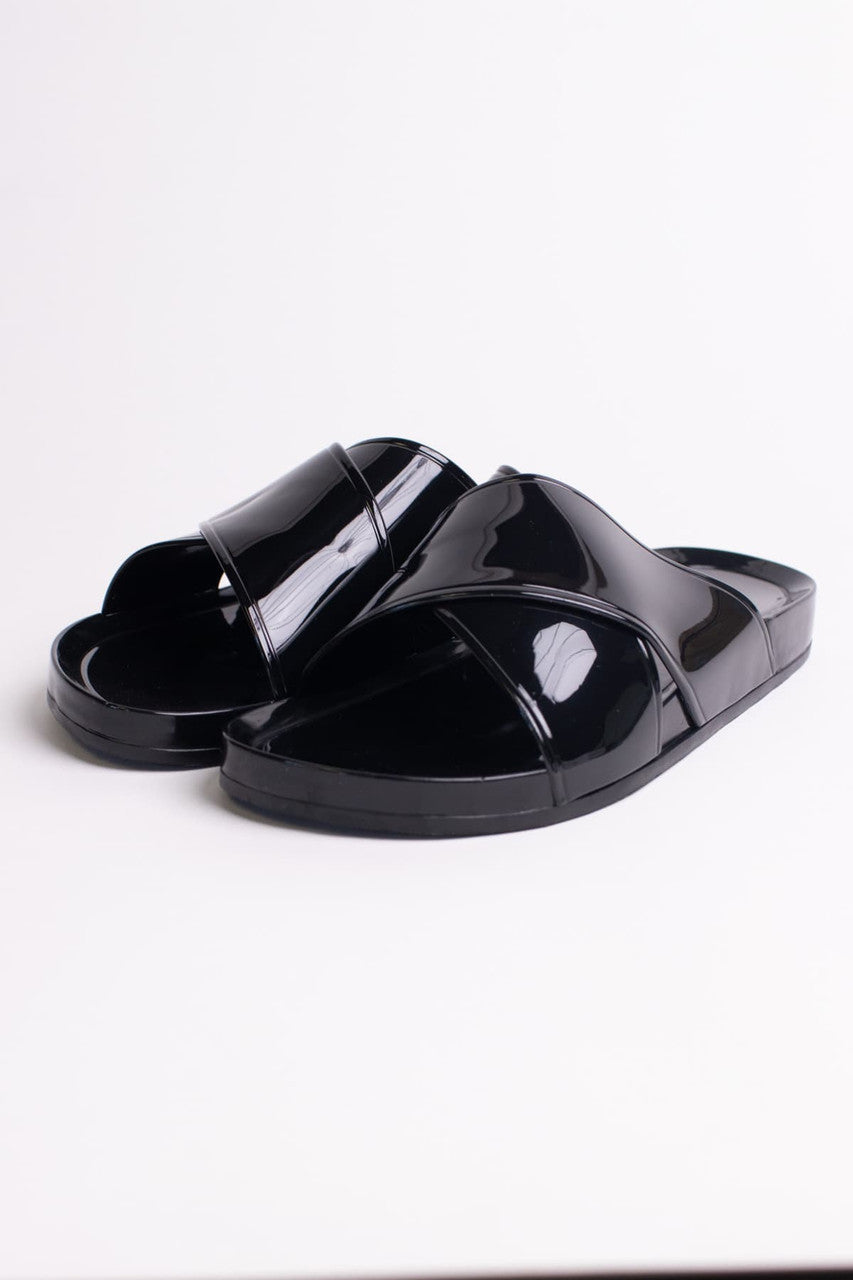 Black Jelly Cross Strap Slides