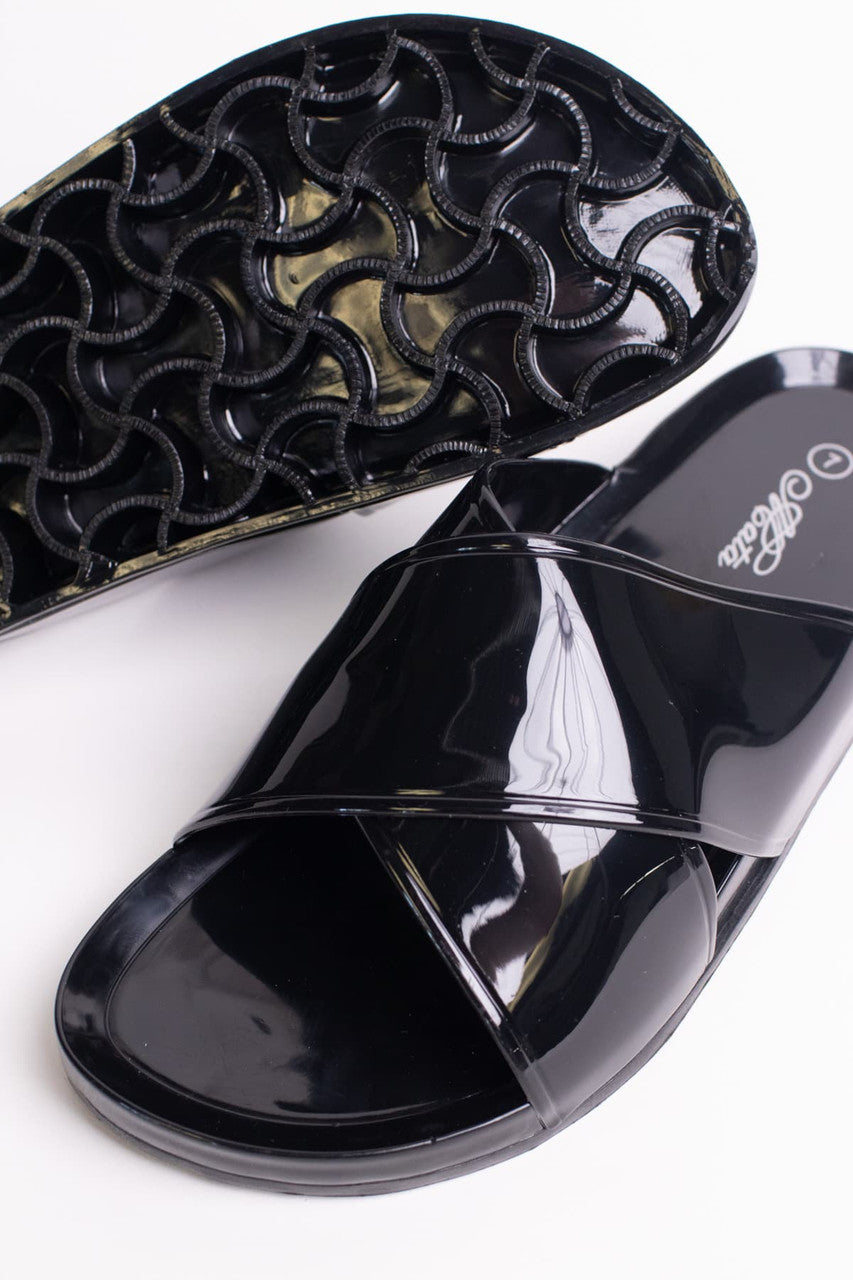 Black Jelly Cross Strap Slides