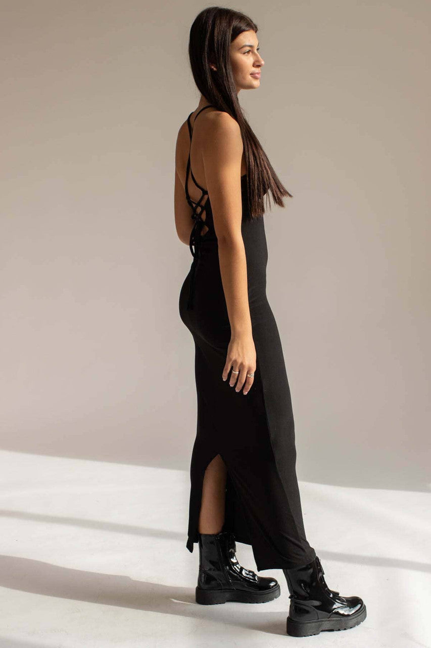Black Lace Up Back Maxi Dress