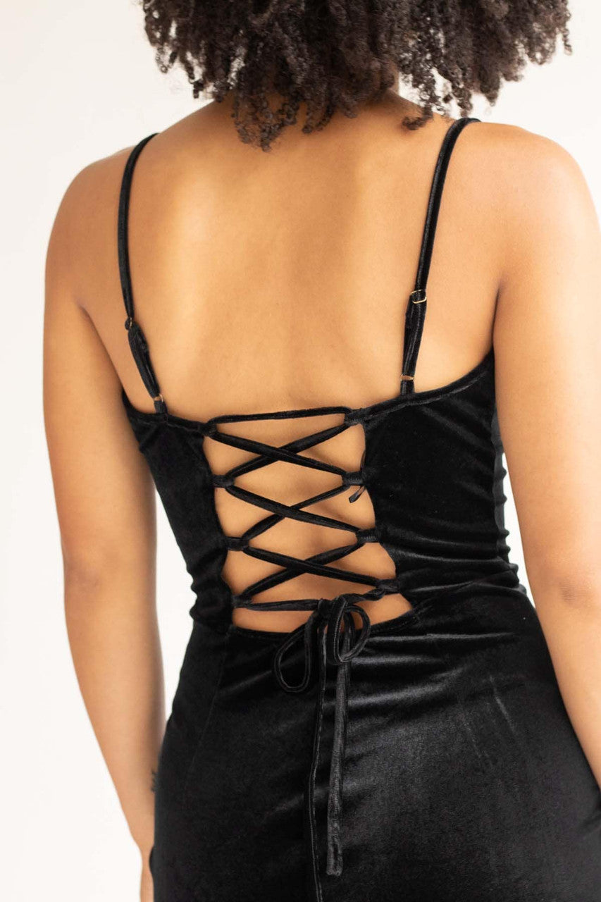 Black Lace Up Back Velvet Mini Dress