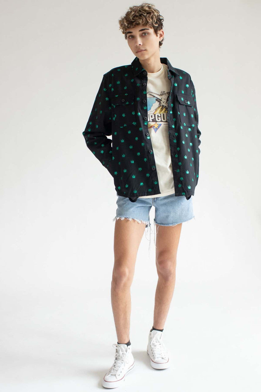 Black Leafy Greens Twill Button Up Overshirt