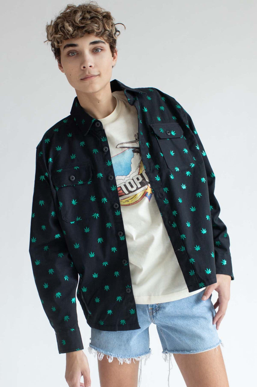 Black Leafy Greens Twill Button Up Overshirt