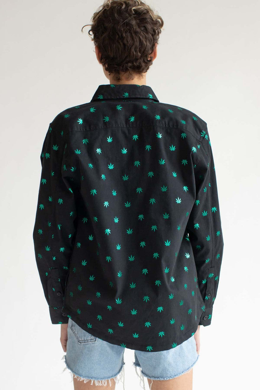 Black Leafy Greens Twill Button Up Overshirt