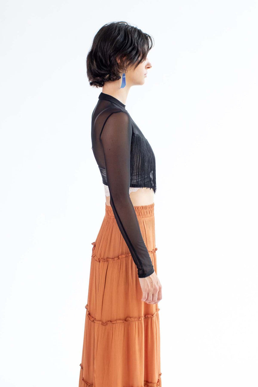 Black Long Sleeve Fringe Trim Mesh Top