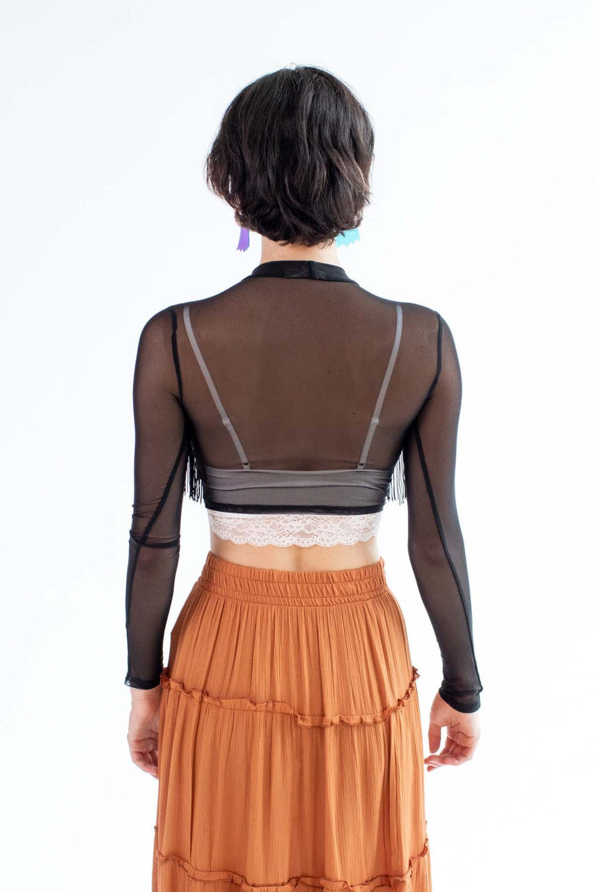 Black Long Sleeve Fringe Trim Mesh Top