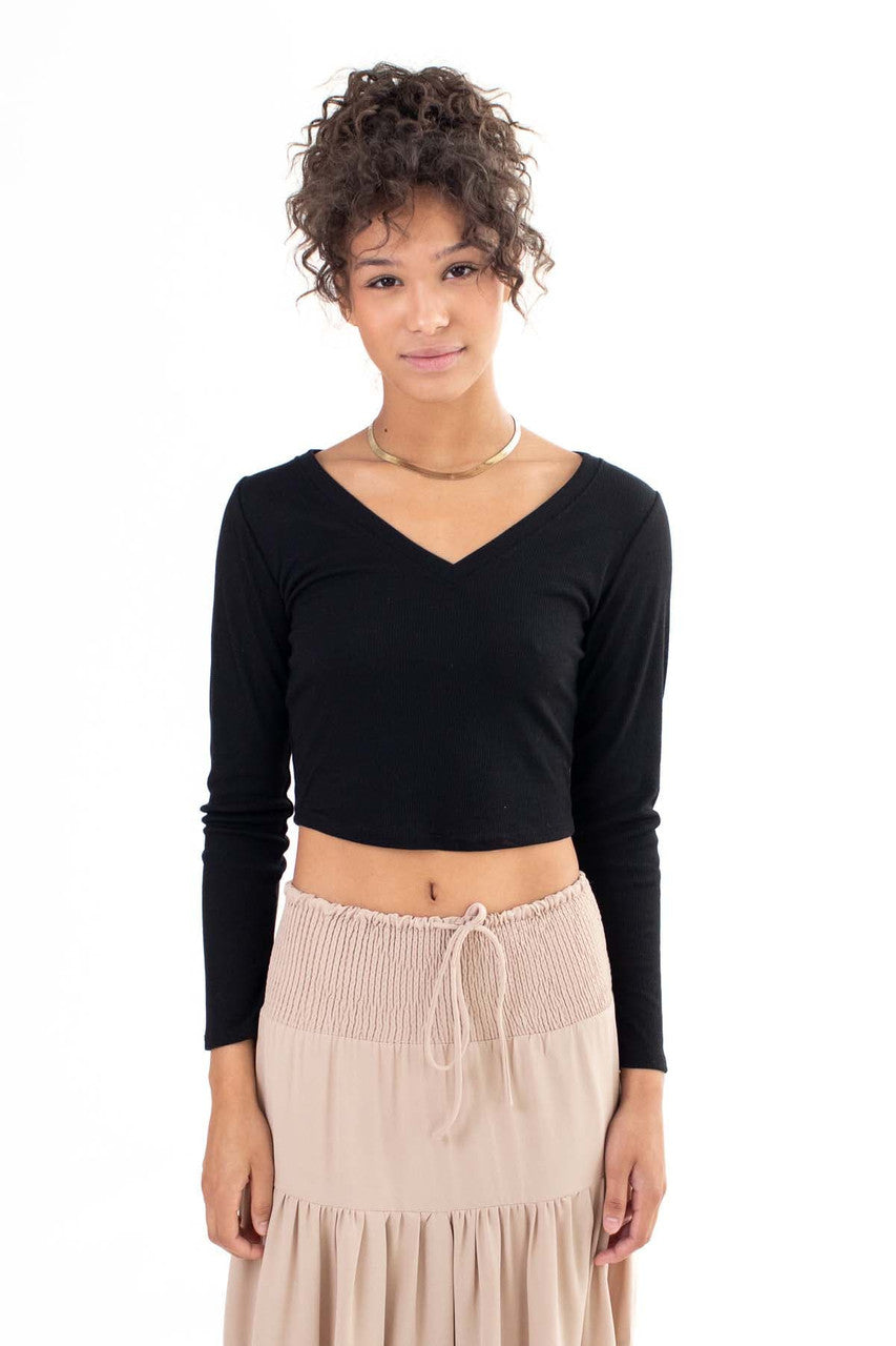 Black Long Sleeve Ribbed V Neck