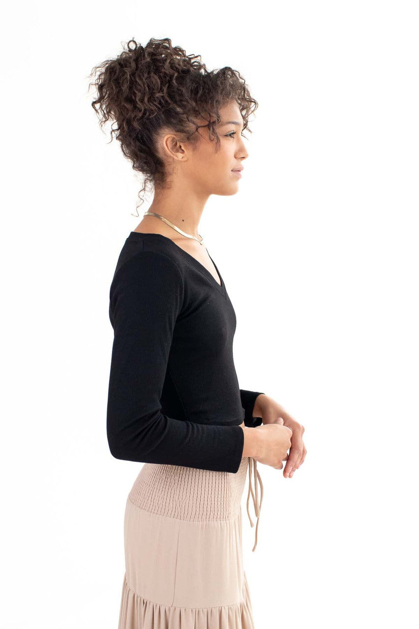 Black Long Sleeve Ribbed V Neck