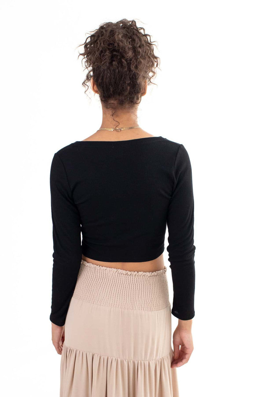 Black Long Sleeve Ribbed V Neck
