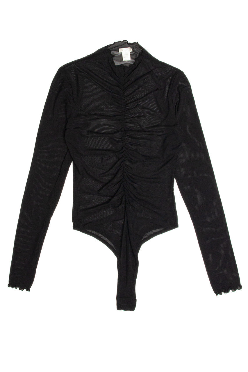 Black Long Sleeve Ruched Mesh Bodysuit