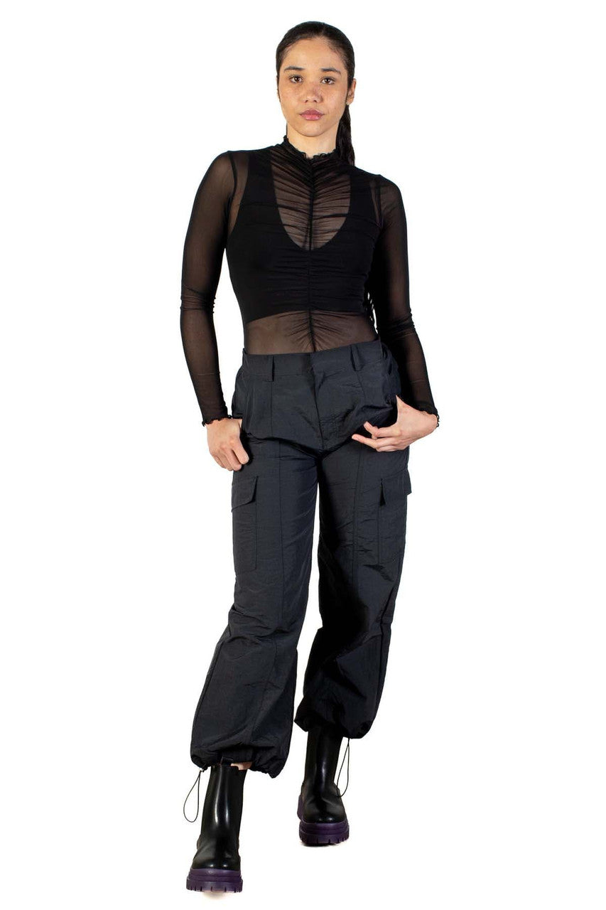 Black Long Sleeve Ruched Mesh Bodysuit