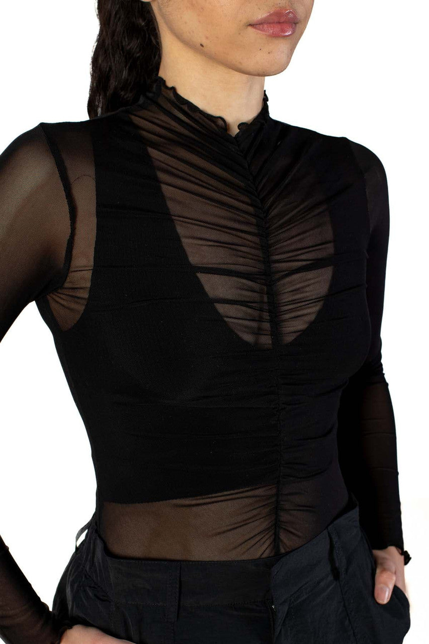 Black Long Sleeve Ruched Mesh Bodysuit