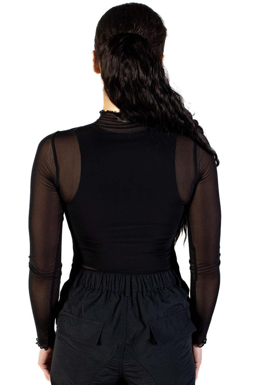 Black Long Sleeve Ruched Mesh Bodysuit