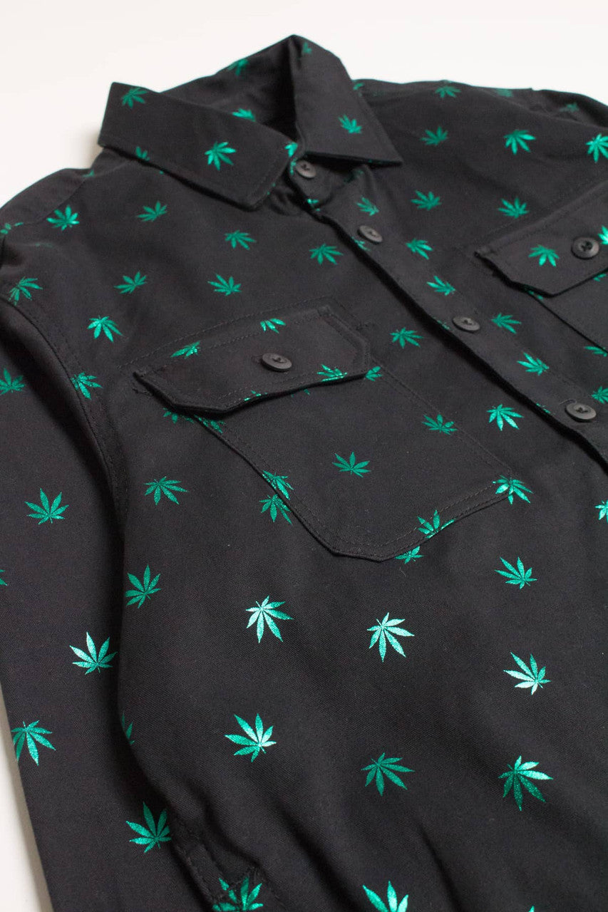 Black Leafy Greens Twill Button Up Overshirt