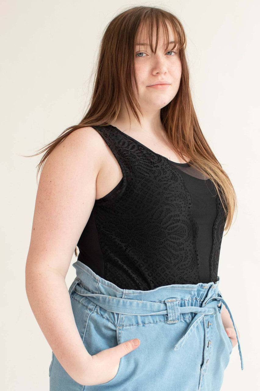 Black Mesh & Lace Front Bodysuit (Extended Sizes)