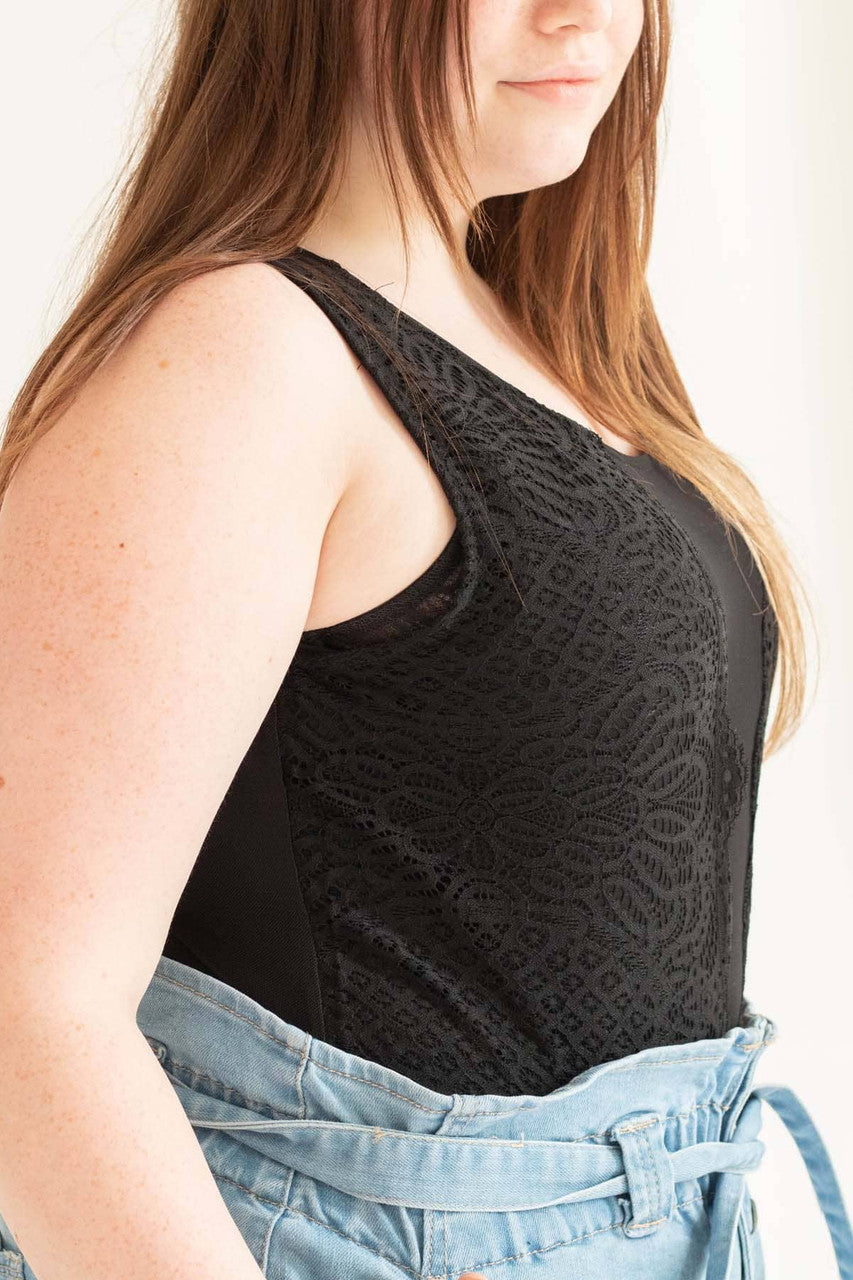 Black Mesh & Lace Front Bodysuit (Extended Sizes)