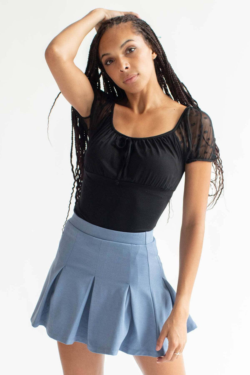 Black Mesh Dot Puff Sleeve Peasant Top