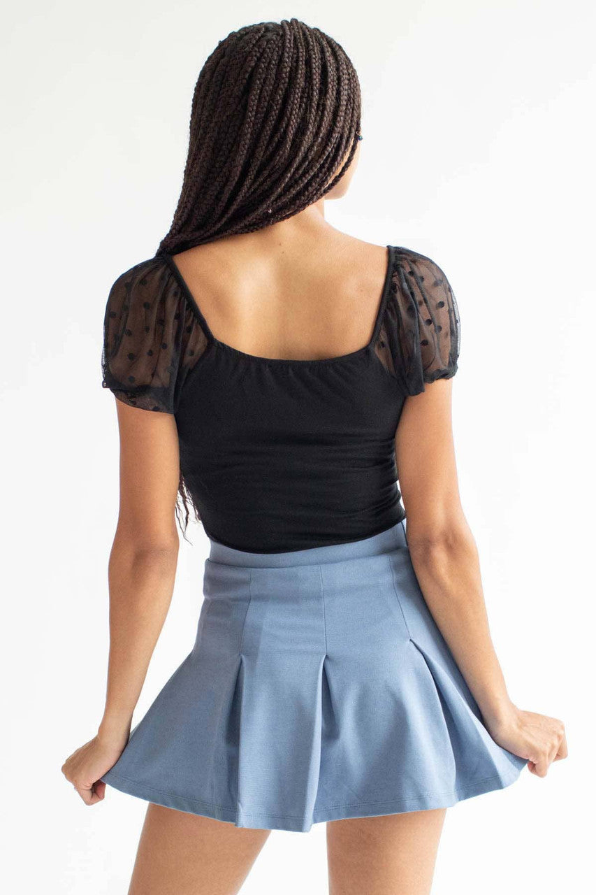 Black Mesh Dot Puff Sleeve Peasant Top