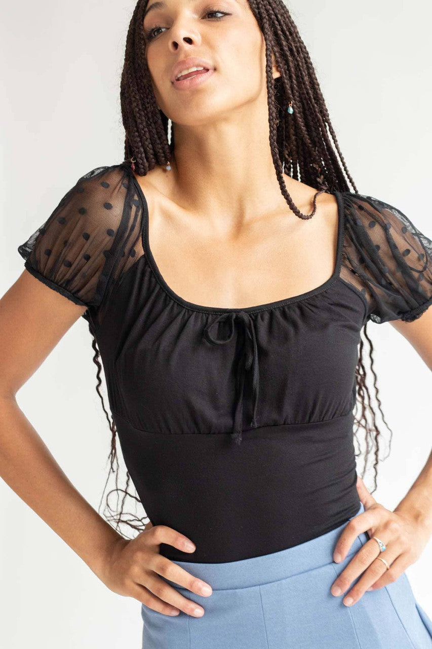 Black Mesh Dot Puff Sleeve Peasant Top