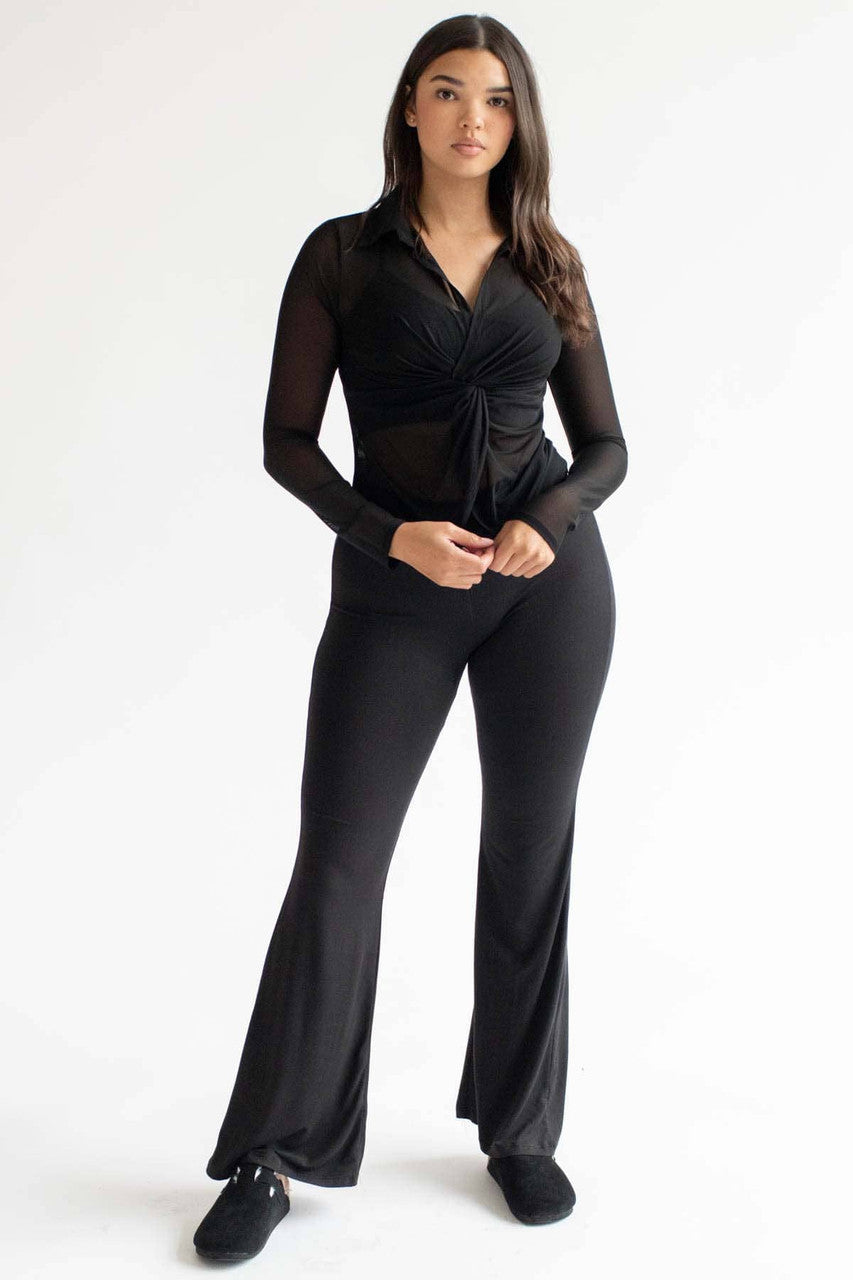 Black Mesh Knotted Collar Top
