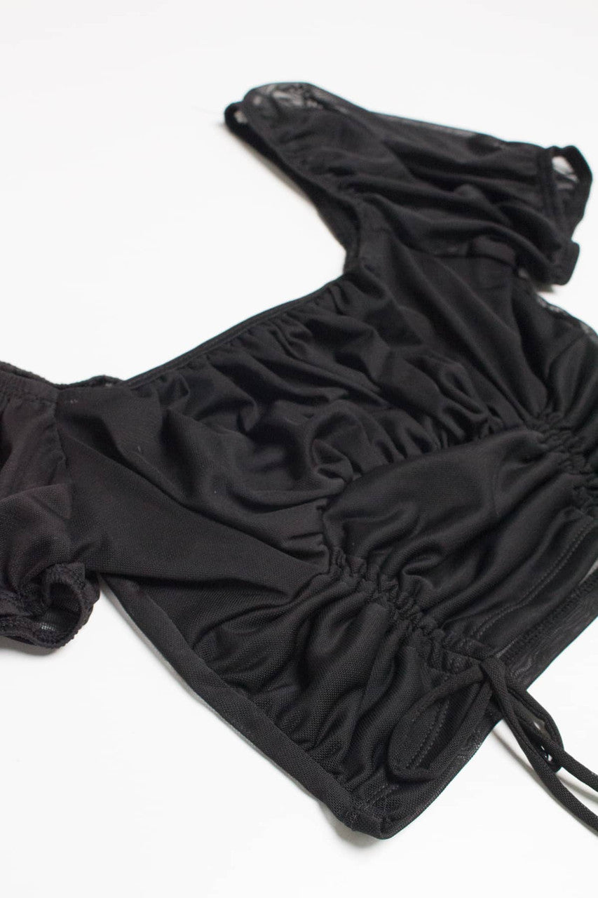 Black Mesh Milkmaid Cinched Cropped Top