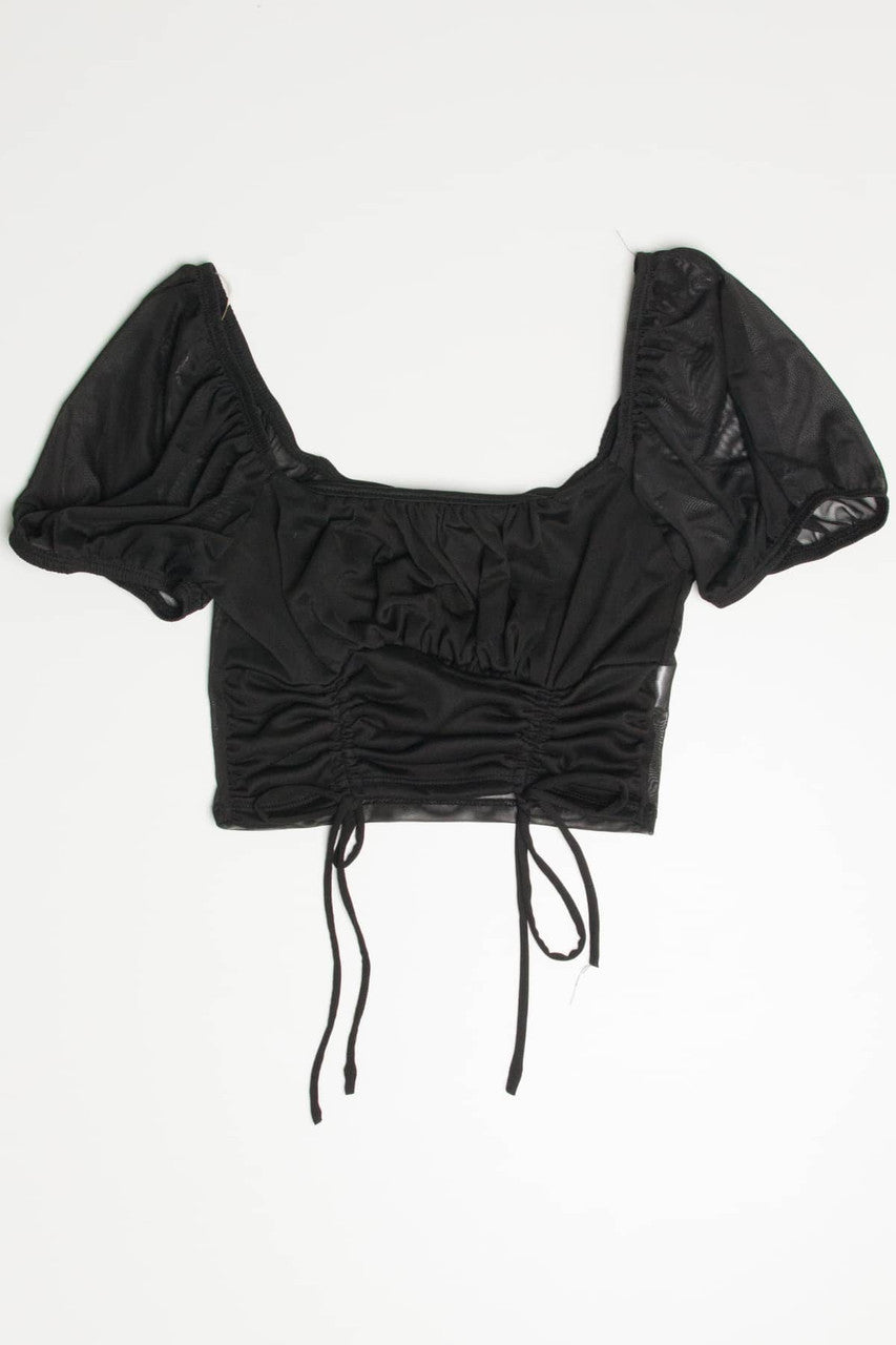 Black Mesh Milkmaid Cinched Cropped Top