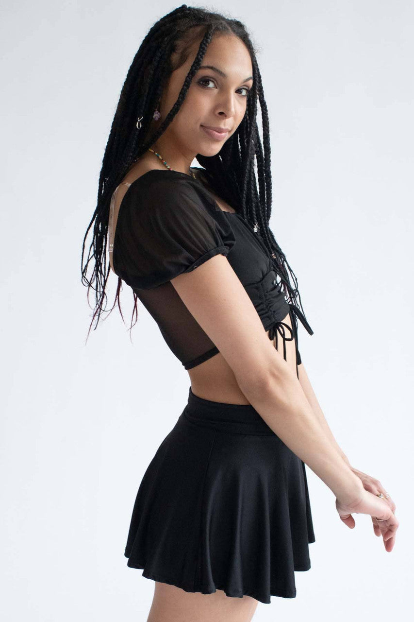 Black Mesh Milkmaid Cinched Cropped Top