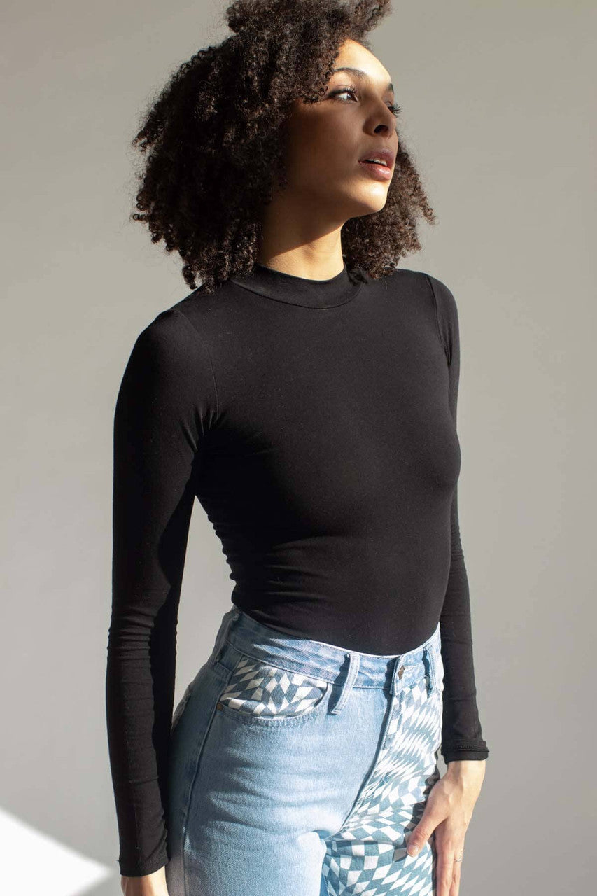 Black Mock Neck Long Sleeve Bodysuit