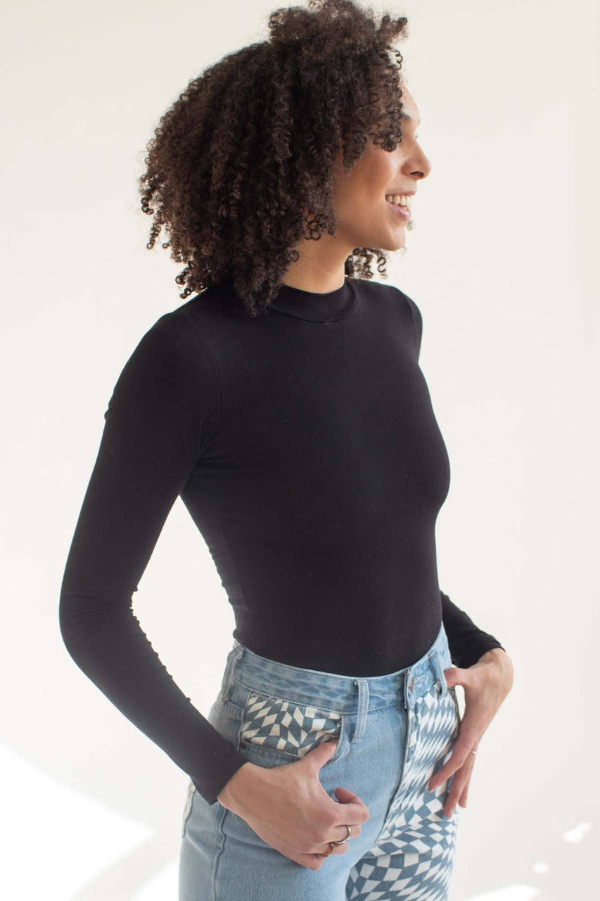 Black Mock Neck Long Sleeve Bodysuit