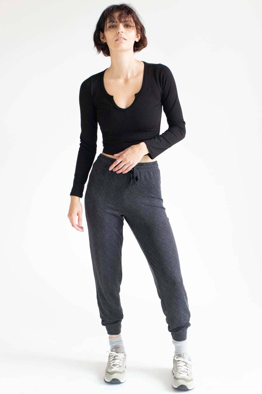 Black Notched Neck Long Sleeve Top